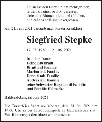 Traueranzeige von Siegfried Stepke  von Magdeburger Volksstimme
