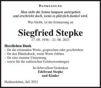 Traueranzeige von Siegfried Stepke  von Magdeburger Volksstimme