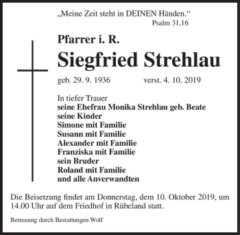 Traueranzeige von Siegfried Strehlau  von Magdeburger Volksstimme