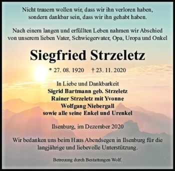 Traueranzeige von Siegfried Strzeletz  von Magdeburger Volksstimme