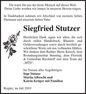 Traueranzeige von Siegfried Stutzer  von Magdeburger Volksstimme