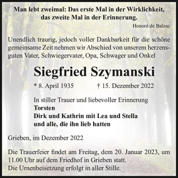 Traueranzeige von Siegfried Szymanski  von Magdeburger Volksstimme