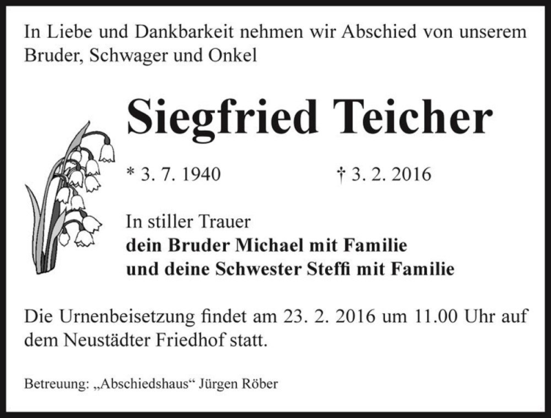 Traueranzeigen von Siegfried Teicher www.abschiednehmen.de