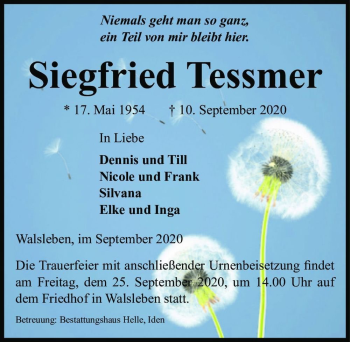 Traueranzeige von Siegfried Tessmer  von Magdeburger Volksstimme