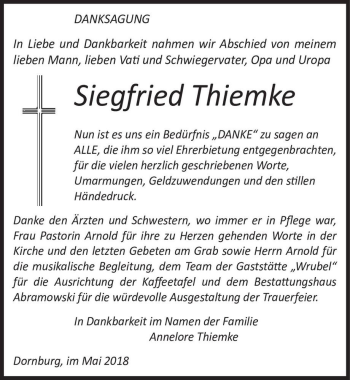 Traueranzeige von Siegfried Thiemke  von Magdeburger Volksstimme