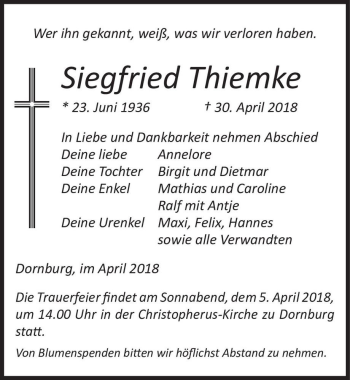 Traueranzeige von Siegfried Thiemke  von Magdeburger Volksstimme