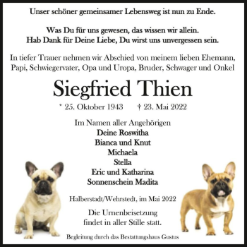 Traueranzeige von Siegfried Thien  von Magdeburger Volksstimme