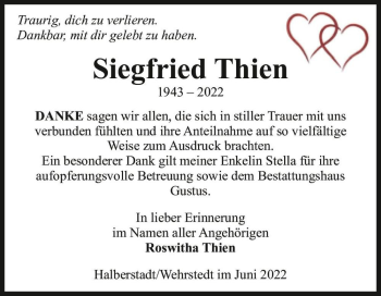 Traueranzeige von Siegfried Thien  von Magdeburger Volksstimme