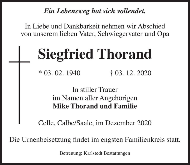  Traueranzeige für Siegfried Thorand  vom 12.12.2020 aus Magdeburger Volksstimme