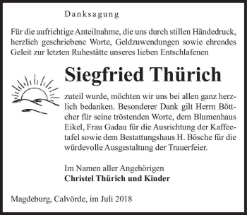 Traueranzeige von Siegfried Thürich  von Magdeburger Volksstimme