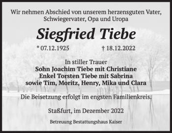 Traueranzeige von Siegfried Tiebe  von Magdeburger Volksstimme