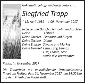 Traueranzeige von Siegfried Trapp  von Magdeburger Volksstimme