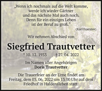 Traueranzeige von Siegfried Trautvetter  von Magdeburger Volksstimme
