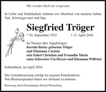 Traueranzeige von Siegfried Tröger  von Magdeburger Volksstimme