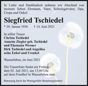 Traueranzeige von Siegfried Tschiedel  von Magdeburger Volksstimme