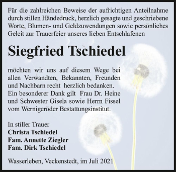 Traueranzeige von Siegfried Tschiedel  von Magdeburger Volksstimme