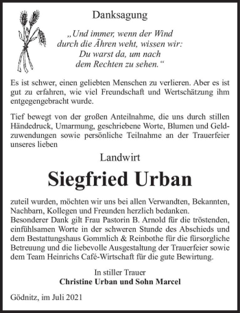 Traueranzeige von Siegfried Urban  von Magdeburger Volksstimme