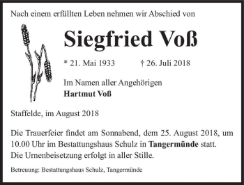 Traueranzeige von Siegfried Voß  von Magdeburger Volksstimme
