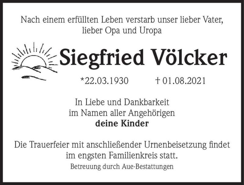  Traueranzeige für Siegfried Völcker  vom 21.08.2021 aus Magdeburger Volksstimme