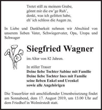 Traueranzeige von Siegfried Wagner  von Magdeburger Volksstimme