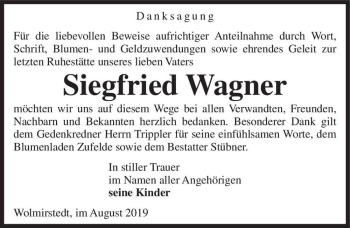 Traueranzeige von Siegfried Wagner  von Magdeburger Volksstimme