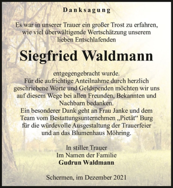 Traueranzeige von Siegfried Waldmann  von Magdeburger Volksstimme