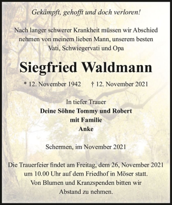Traueranzeige von Siegfried Waldmann  von Magdeburger Volksstimme