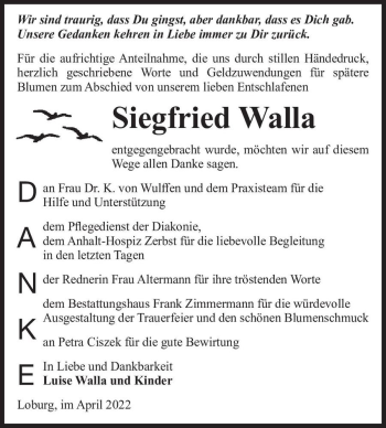 Traueranzeige von Siegfried Walla  von Magdeburger Volksstimme