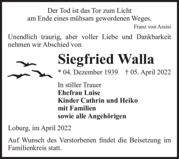 Traueranzeige von Siegfried Walla  von Magdeburger Volksstimme