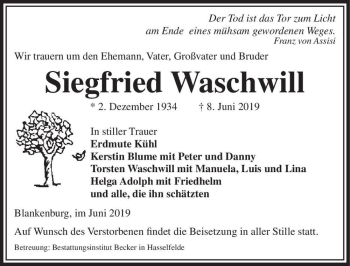 Traueranzeige von Siegfried Waschwill  von Magdeburger Volksstimme