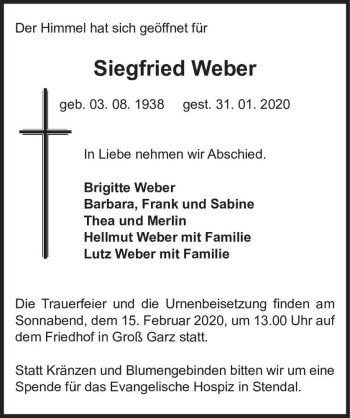 Traueranzeige von Siegfried Weber  von Magdeburger Volksstimme