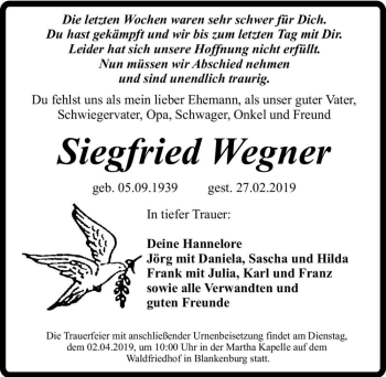 Traueranzeige von Siegfried Wegner  von Magdeburger Volksstimme