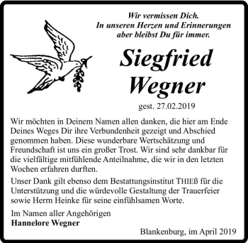 Traueranzeige von Siegfried Wegner  von Magdeburger Volksstimme