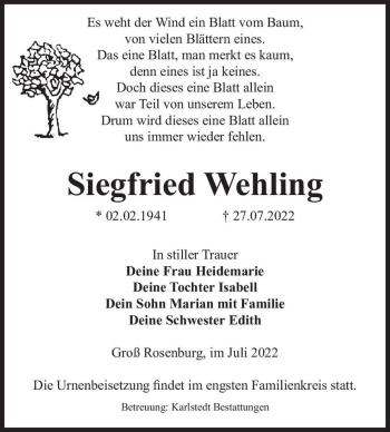 Traueranzeige von Siegfried Wehling  von Magdeburger Volksstimme