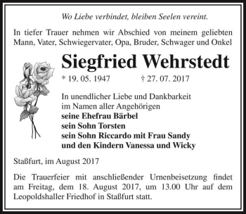 Traueranzeige von Siegfried Wehrstedt  von Magdeburger Volksstimme