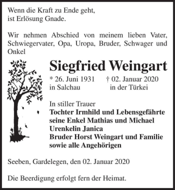Traueranzeige von Siegfried Weingart  von Magdeburger Volksstimme