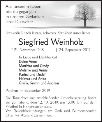 Traueranzeige von Siegfried Weinholz  von Magdeburger Volksstimme