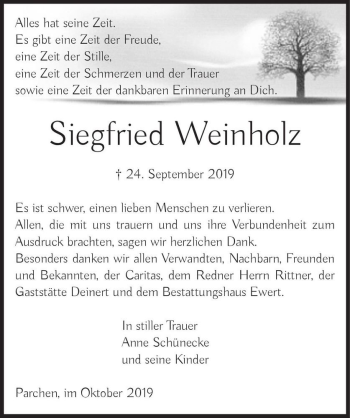 Traueranzeige von Siegfried Weinholz  von Magdeburger Volksstimme