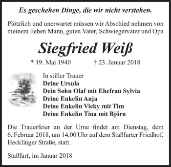Traueranzeige von Siegfried Weiß  von Magdeburger Volksstimme