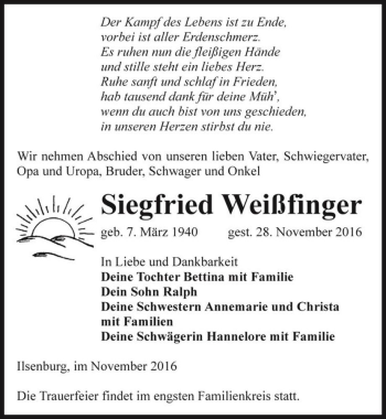 Traueranzeige von Siegfried Weißfinger  von Magdeburger Volksstimme