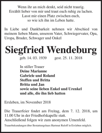 Traueranzeige von Siegfried Wendeburg  von Magdeburger Volksstimme