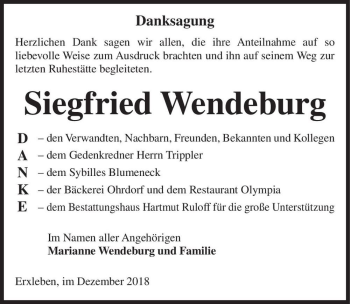 Traueranzeige von Siegfried Wendeburg  von Magdeburger Volksstimme