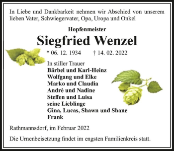 Traueranzeige von Siegfried Wenzel  von Magdeburger Volksstimme