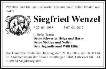 Traueranzeige von Siegfried Wenzel  von Magdeburger Volksstimme