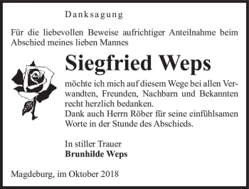 Traueranzeige von Siegfried Weps  von Magdeburger Volksstimme