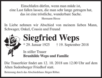 Traueranzeige von Siegfried Weps  von Magdeburger Volksstimme