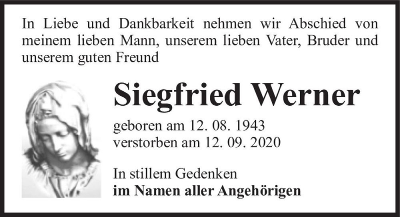  Traueranzeige für Siegfried Werner  vom 26.09.2020 aus Magdeburger Volksstimme