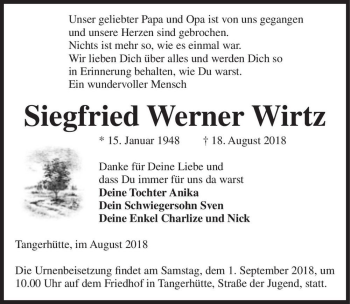 Traueranzeige von Siegfried Werner Wirtz  von Magdeburger Volksstimme