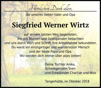 Traueranzeige von Siegfried Werner Wirtz  von Magdeburger Volksstimme