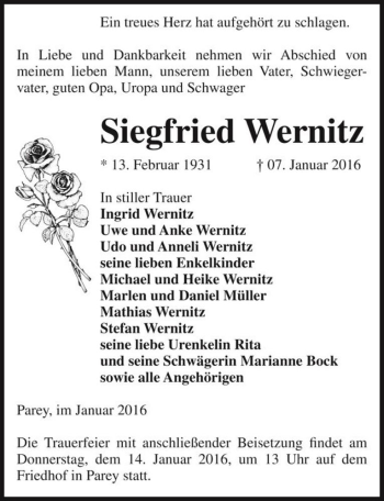 Traueranzeige von Siegfried Wernitz  von Magdeburger Volksstimme